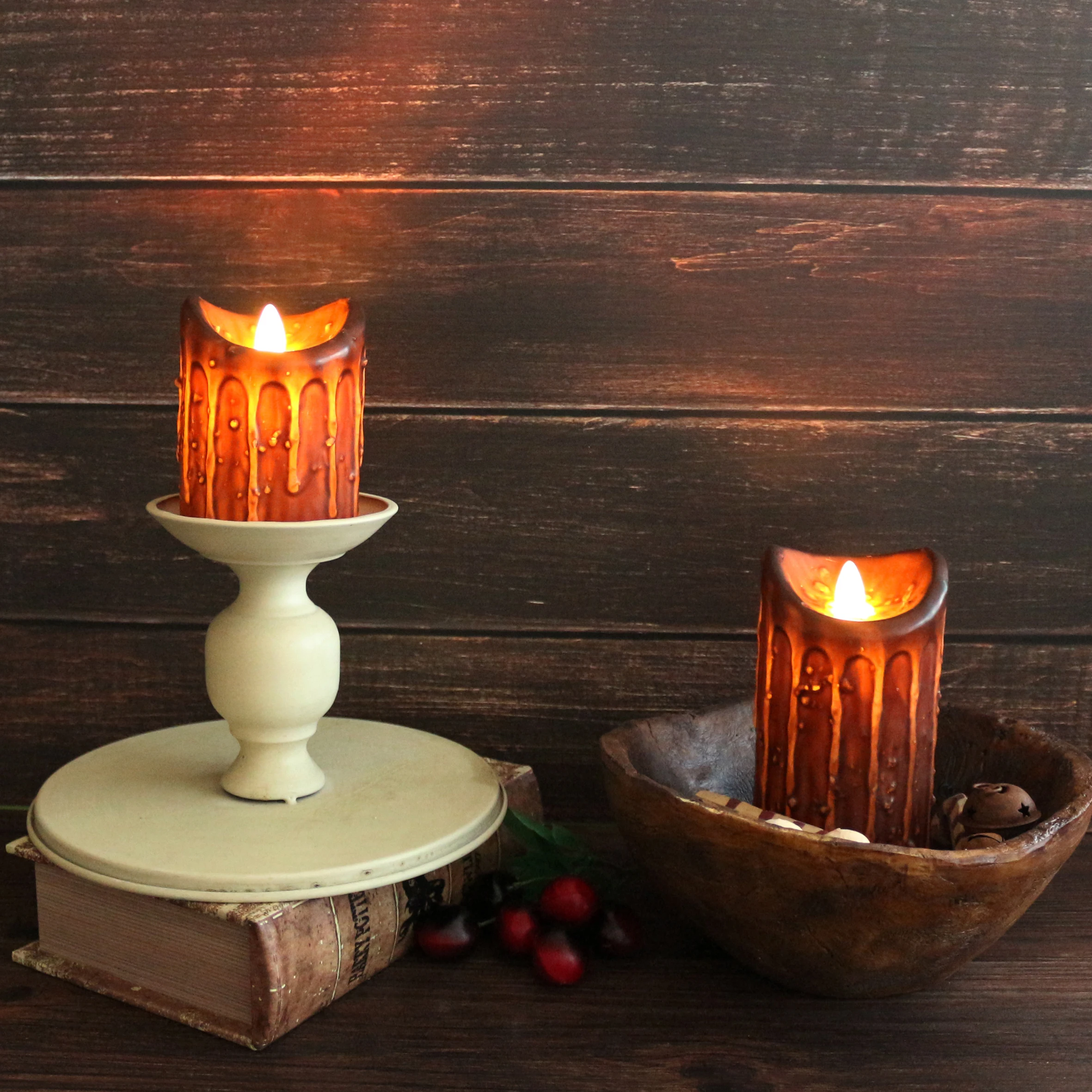 Real Wax Hand Dipped Battery Operated LED Pillar Candles with Timer and Remote Control, Primitives Rustic Flickering Lights