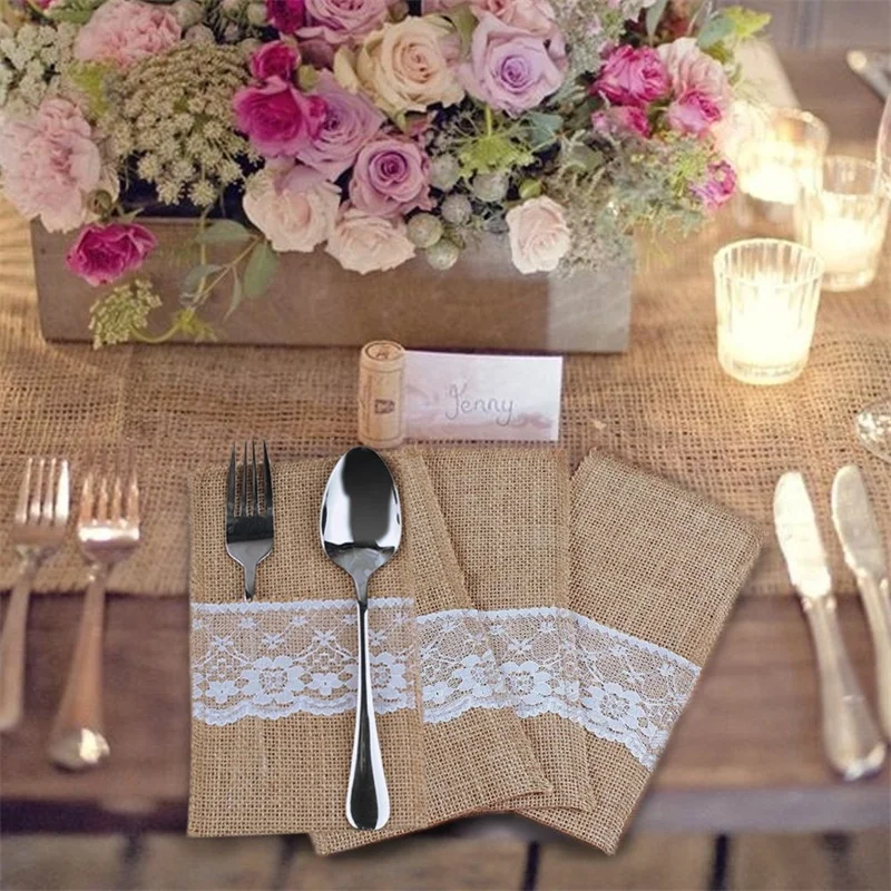 Vintage Burlap Napkin With Lace Hotel Wedding Dinner Table Pad Decorate Cloth Napkins Baige
