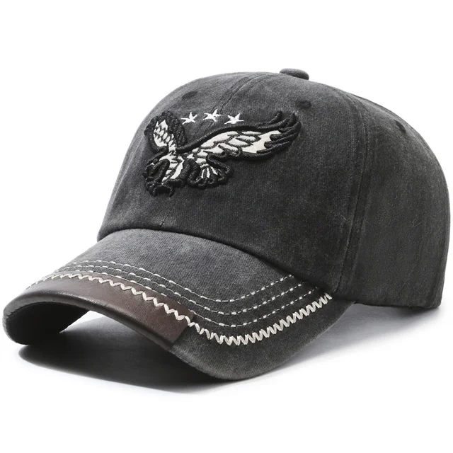 Gothic Street Punk Vintage Washed Baseball Cap Hip Hop Embroidery Denim Hats Leather brim hat
