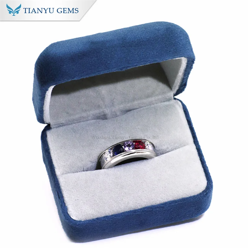Tianyu gems private custom make round cut colorful ruby purple blue sapphire and moissanite 4.5mm Platinum rings for men