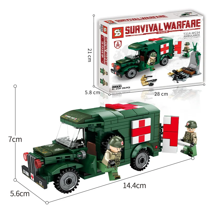 256pcs Steel Empire Military Ambulance Model Building Kits Survival Warfare US Soldier Building Blocks Set Plastic Toys