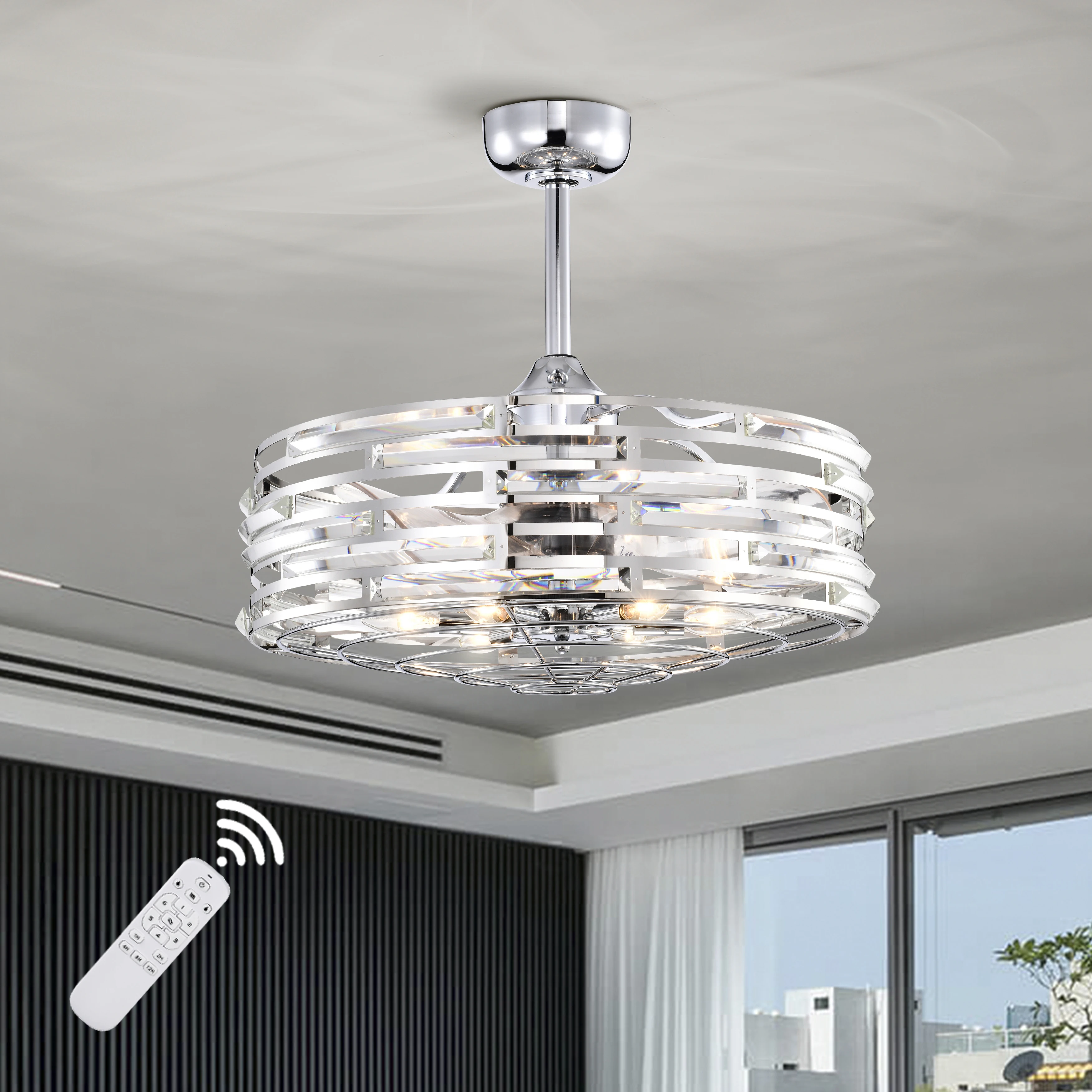 Modern Crystal Decor bedroom Remote Control Luxury Chandelier Ceiling Fan With Lights for home