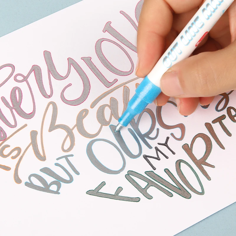 Mobee P-1267A Outline Markers 8pcs/set  Marker Pens Glitter Out Line Permanent Ink Color Flash Pens for Journaling Drawing