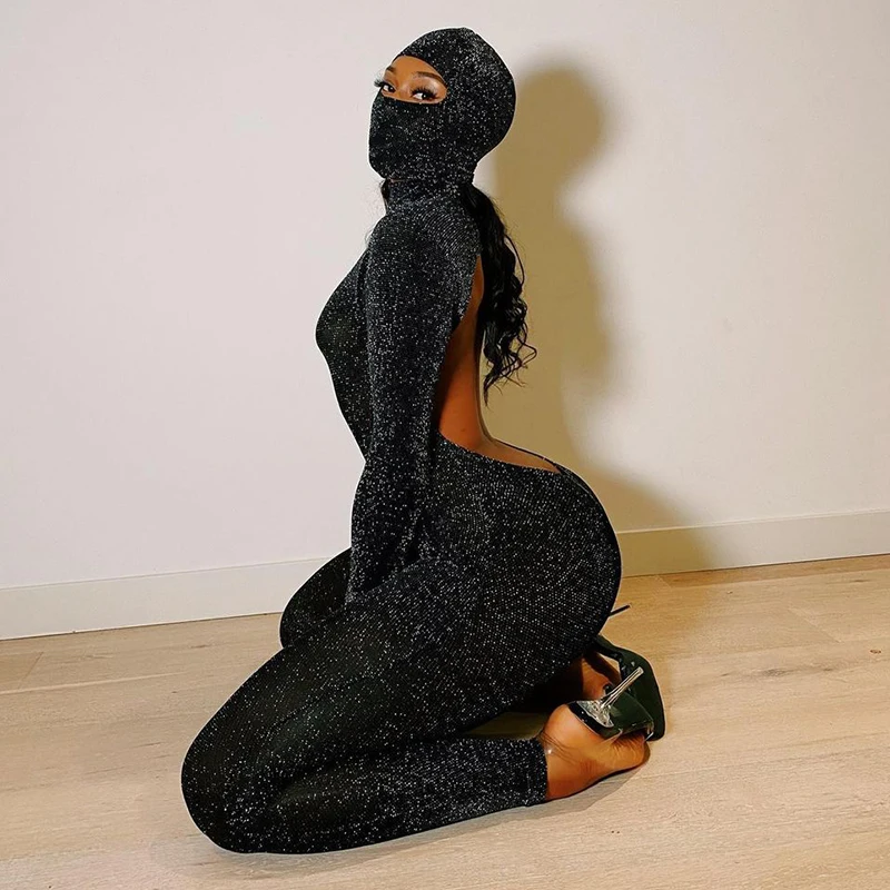 Lygens New Arrival Glitter See Through Long Sleeve Backless One Piece Jumpsuit With Headgear Spring Ladies Stylish Clothing