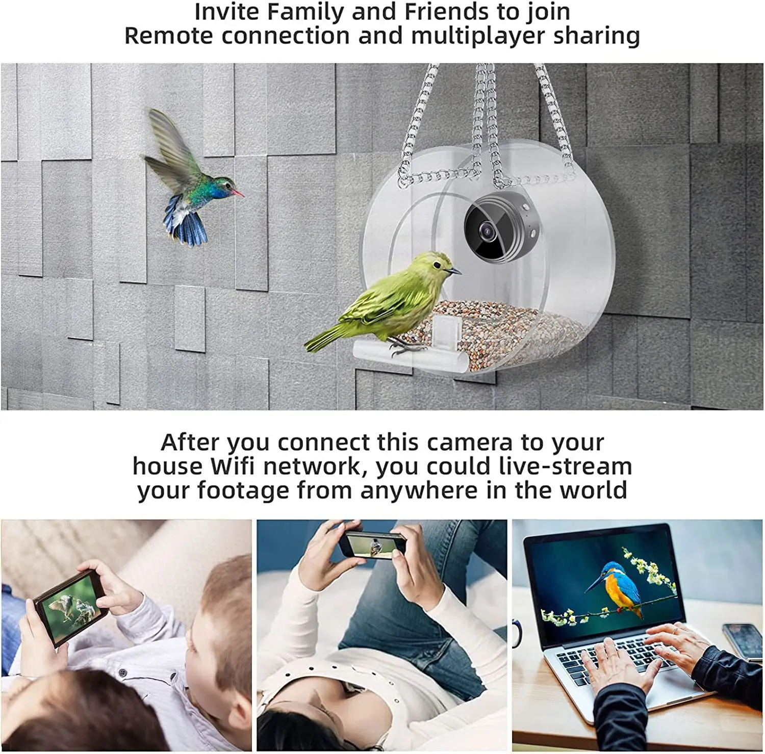 Смарт-кормушка для птиц с камерой Wi-Fi подключена 1080P в режиме реального времени и записи USB-зарядка мини-принадлежности маленьких домашних животных