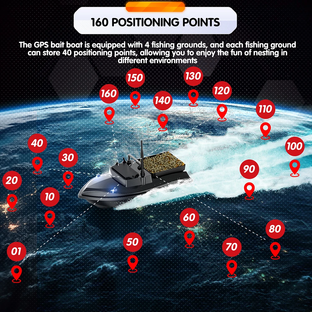 Flytec V060 160 Points GPS RC Carp Fishing Bait Boat 500M Auto Return Larger Hopper 2kg Loading With Night Light Feeding Trawler
