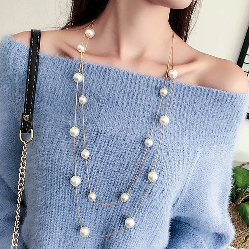 Long Double Layer Simulated Pearls LadIes Necklaces Clavicle Fashion Jewelry Sweater Chain Long Necklace For Women 2019 New