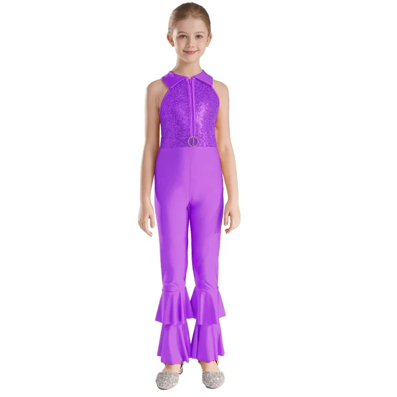 6-14 Latin Performance Wear Dancewear Sleeveless Sequins Style Dance Leotards Jumpsuit Kids Girls Children Sequin Dance Costume