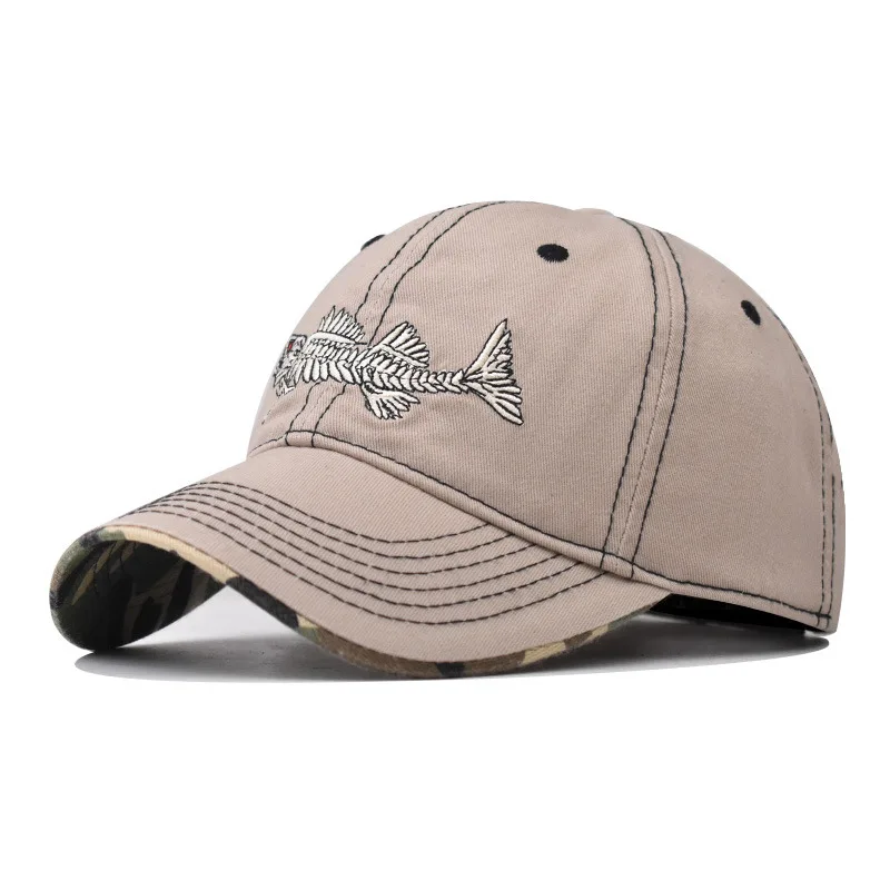 Pure cotton popular fishbone embroidery baseball cap, outdoor versatile and personalized embroidered fish duck tongue cap