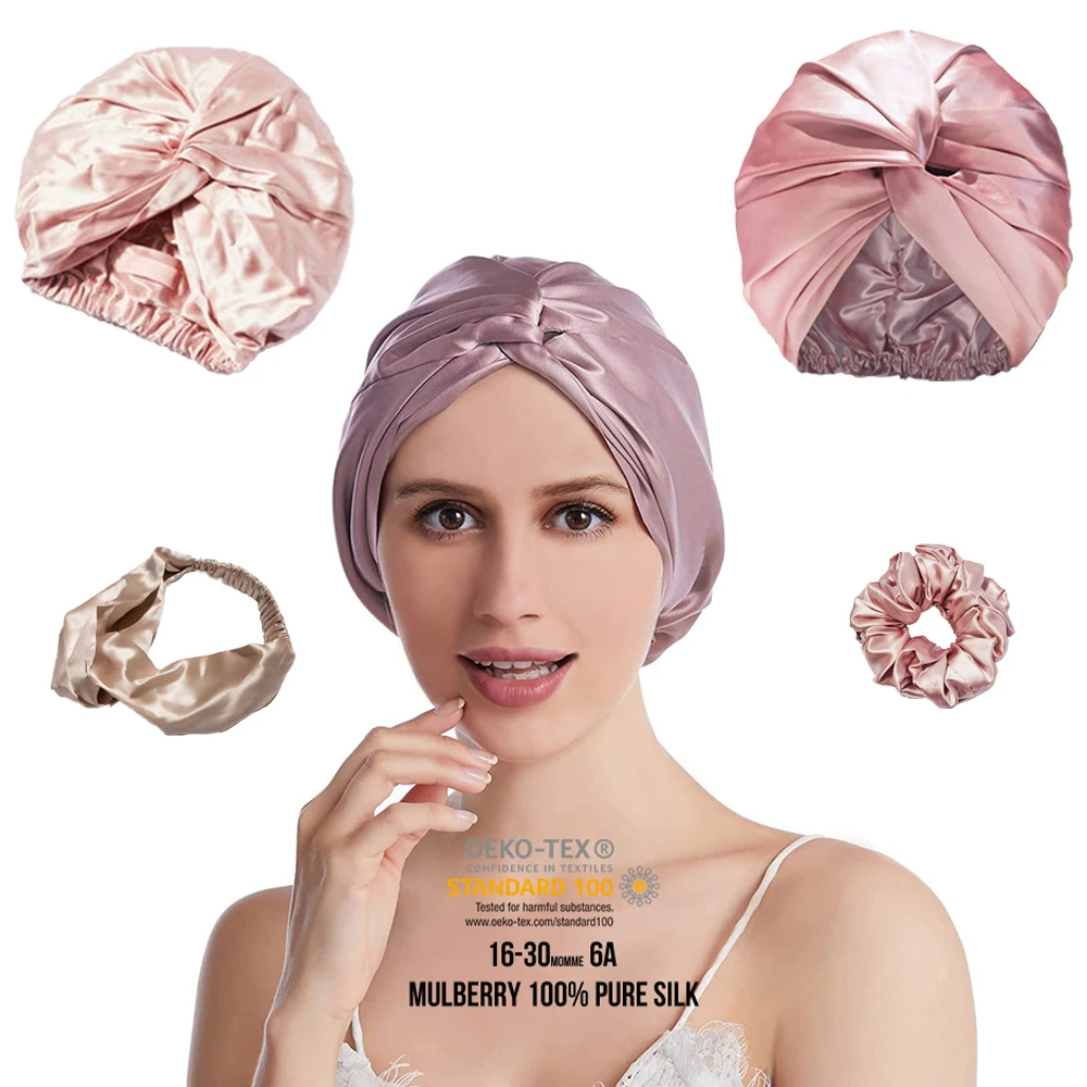 Custom Logo 100% Mulberry Silk Sleep Hat Double Layer Multi Color Natural Silk Bonnet