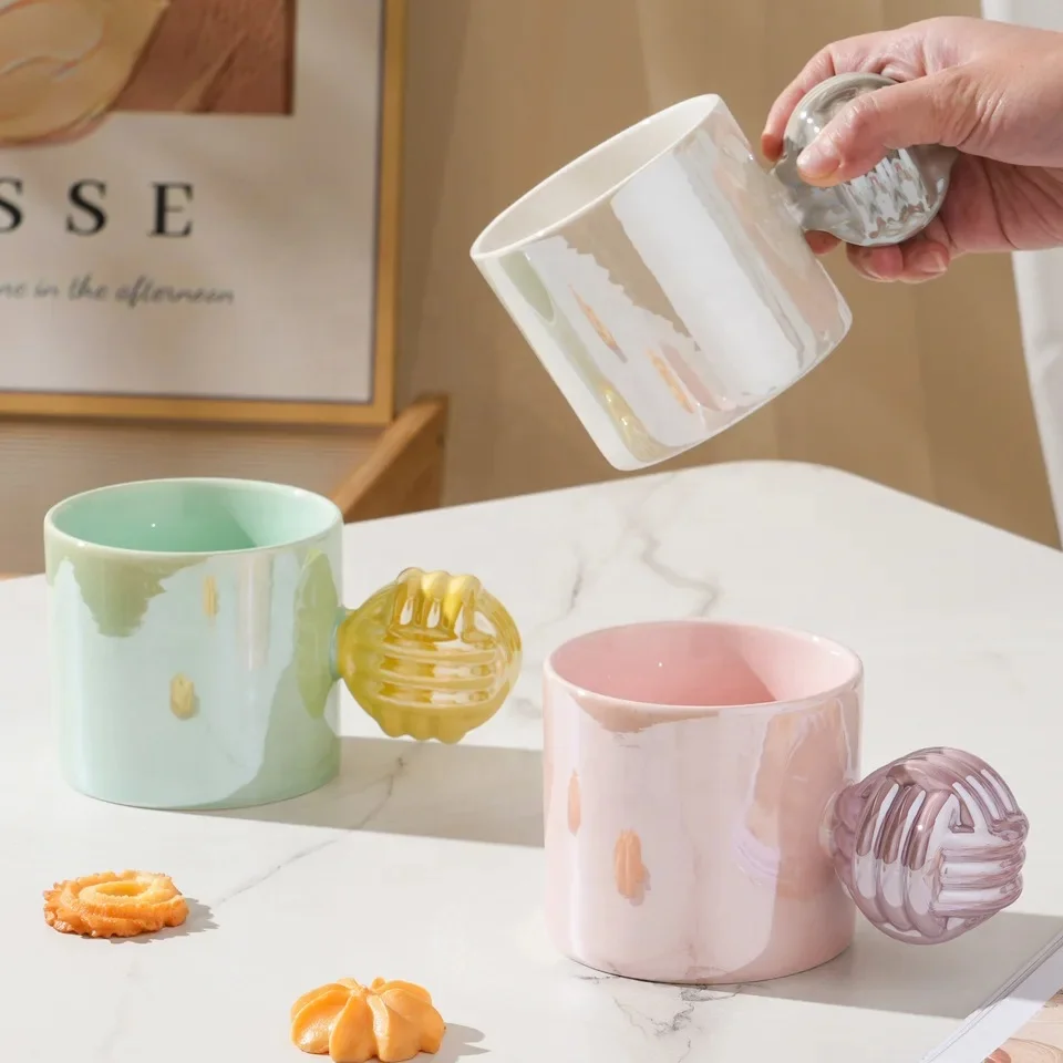 macaron pearl glaze three dimensional ceramic mug afternoon tea milk coffee cup with creative handle