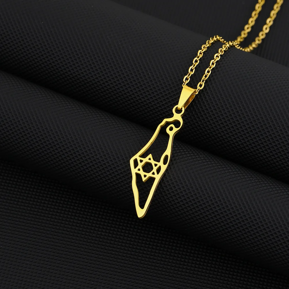 Stainless steel geometric ethnic style hollowed out hexagonal star titanium steel Israel map necklace