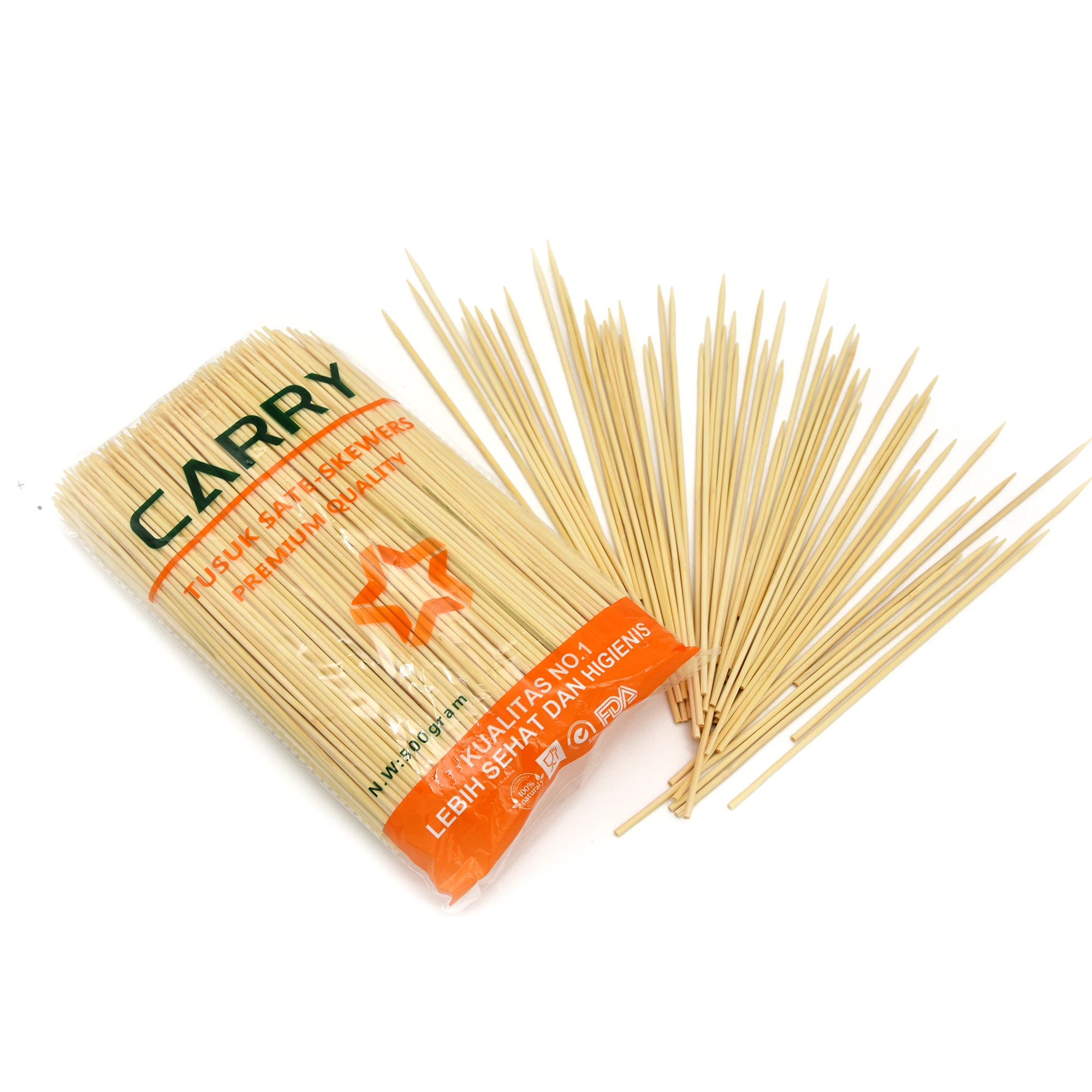 2.2 2.5mm 18 20cm 500gram 60bags Carry Bamboo Skewers Tusuk Sate Bamboo Cop Sis BBQ Skewer Satay Stick Lidi Satay Custom Logo
