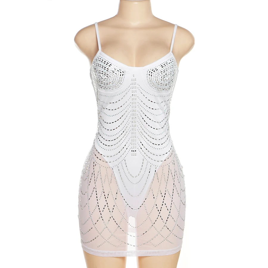 Kliou K22D24021 New Arrival 2023 mini slip dress for women night club dress rhinestone white slim dress