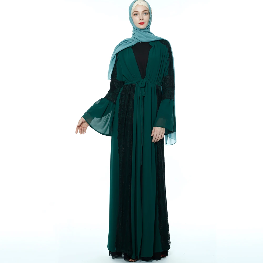 Muslim flared sleeve ethnic style long-sleeved cardigan hit color open abaya 9701