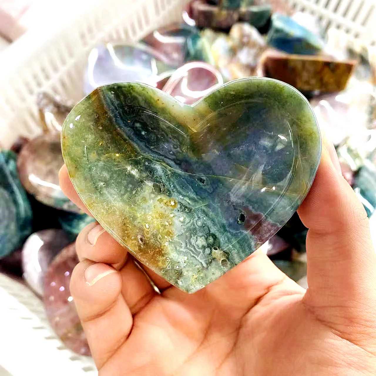 Natural Stone Carving Animal Statue Dish Crystal Heart Moon Ashtray Ocean Jasper Bowl for Decorate