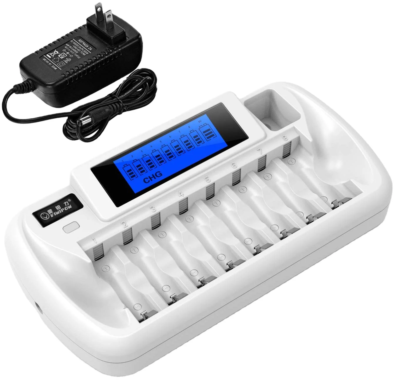 8 Slots AC Battery Charger for 8 Pieces Ni-MH Batteries with Short-circuit Protection