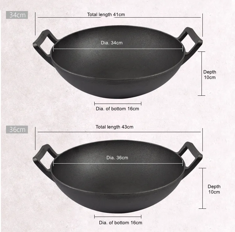 Chinese Pre-seasoned Non-stick Cast Iron Cookware Wok /kitchen Wok With Lid Dia 36cm Red Enameled Cast Iron Wok With Flat Bottom