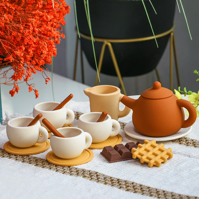 13pcs Toddler Tea Set Silicone Teapot Cups Kids Kitchen Accessories Pretend Play Tea Party Set for Little Girls