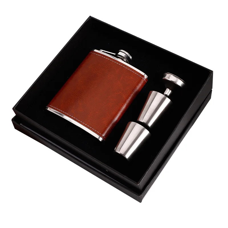 8oz Portable Stainless Steel Hip Flask Gift Set with Brown Leather Cover Custom Logo