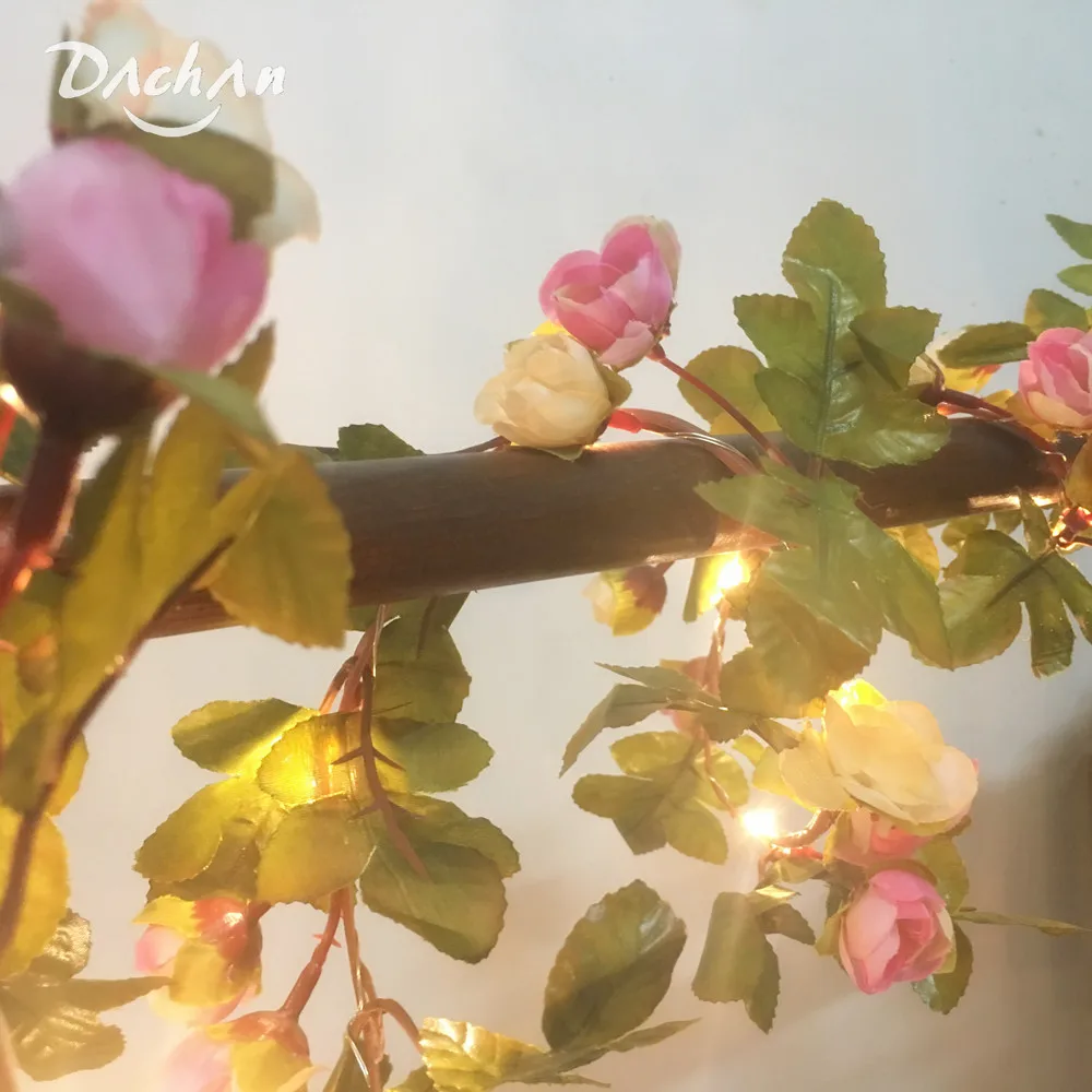 DACHAN HANDMADE 2.2M 25 LEDs Pink Rose Flower Garland Copper Warm LED Fairy String Lights for Christmas Wedding Decoration