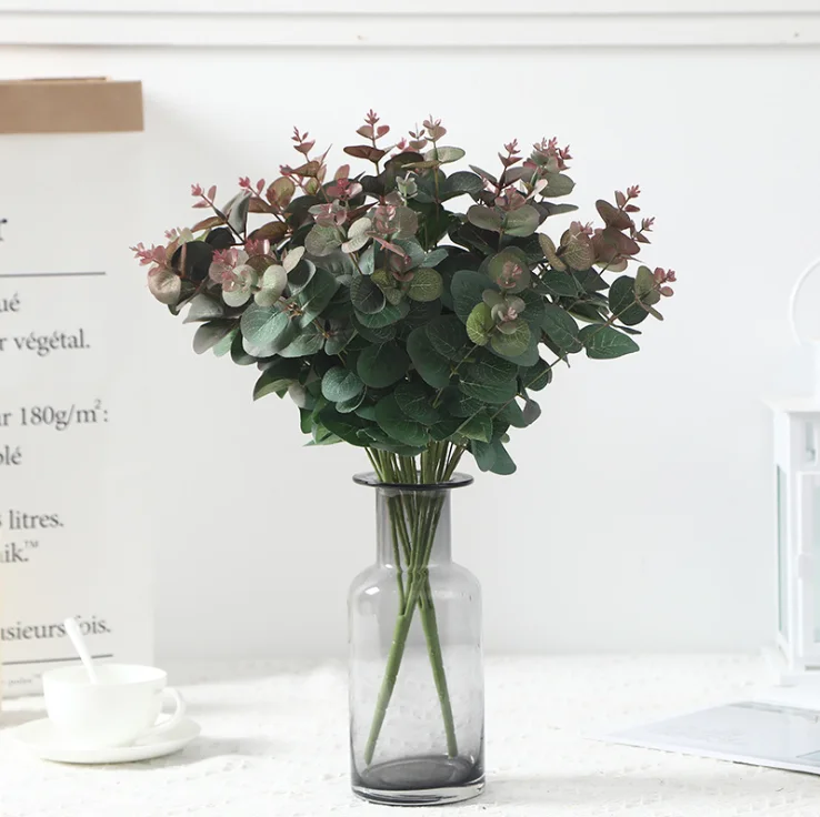 
silk flower arrangement French money grass eucalyptus leaves 