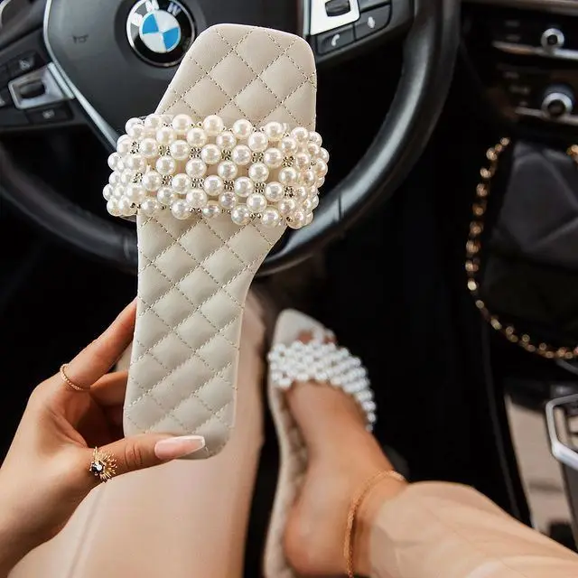 
Slippers Pearls Sofia Murmaid Summer Pearl Lace Up Women Sandals Flatform Studded Shoe. Slide Shell Flip Flop High Heels White 