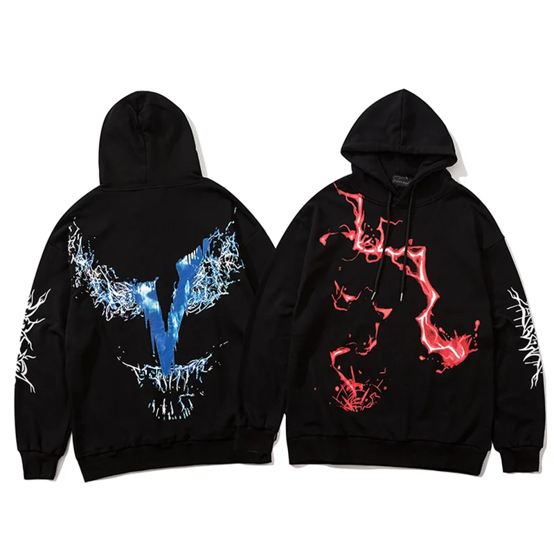 Hoodie Men Red Blue Lightning Punk Rock Print Hooded Pullover Men Autumn Casual All-match Fashion Sweatshirt Streetwear