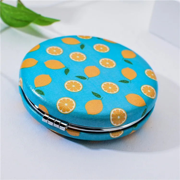 Customized Logo Beauty Round Frame Fruit Printed Handheld Mirror, Travel Portable High Definition Pocket Mirror