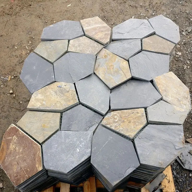 Outdoor Building External Wall Cladding Natural Black Stones Irregular Shaped Mosaic Meshed Crazy Slate Veneer Tile