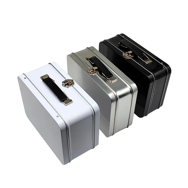 Wholesale Black White Rectangle Metal Tin Lunch Box for Kids Printable Lock Storage Container with Handle for Food Packaging