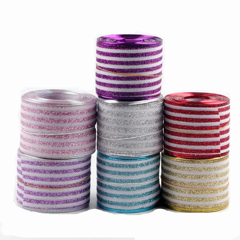 Christmas Tree Wreath Gift Wrap Decorating  Crafts  Glitter Stripes Printed Wired Edge Woven Fabric Polyester Jute Burlap Ribbon