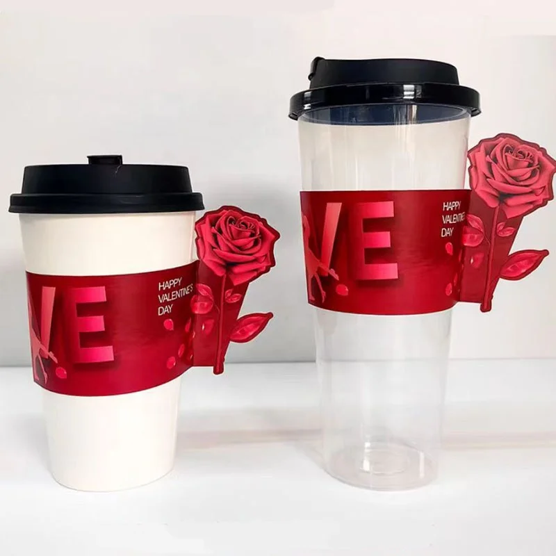 Red Rose Cup Sleeve Insert Card Milk Tea Cup Custom Logo Disposable Waterproof Paper Sleeves
