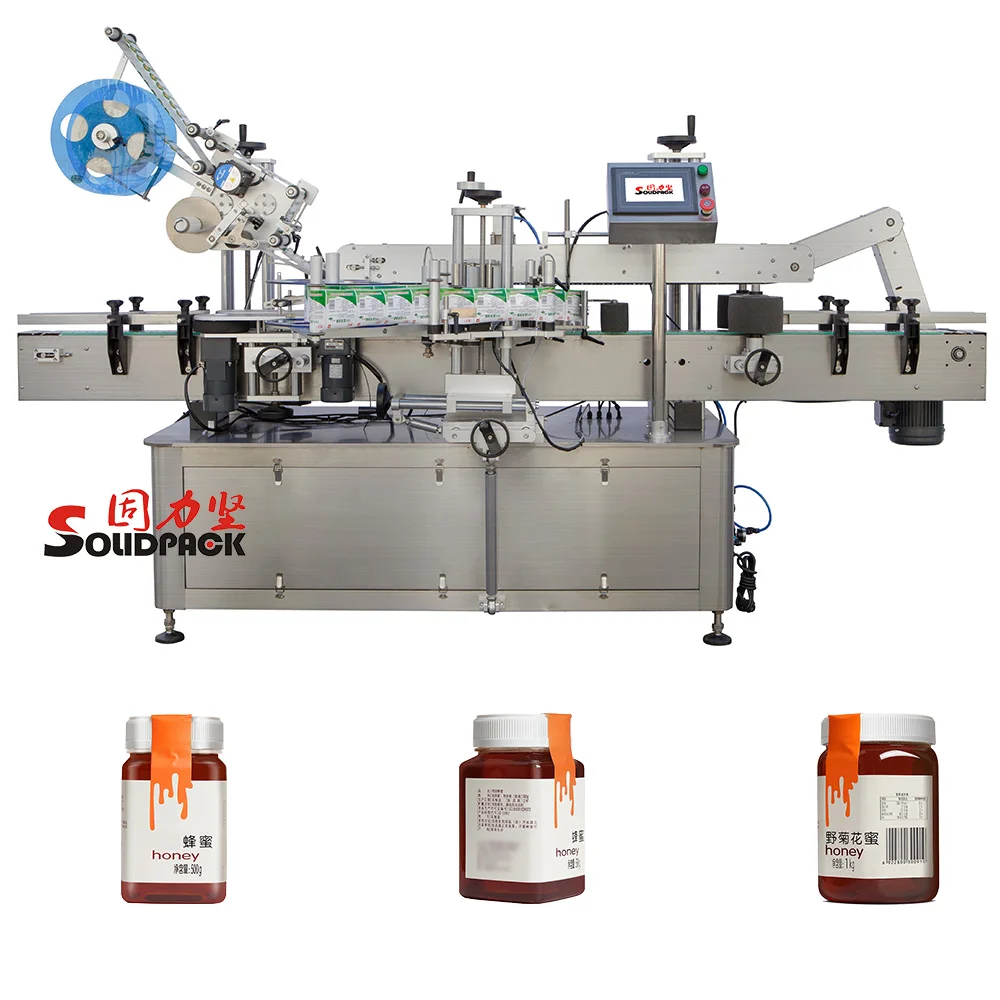 Solidpack vertical round bottle jar three sides and top automatic labeling machine with top label applicator