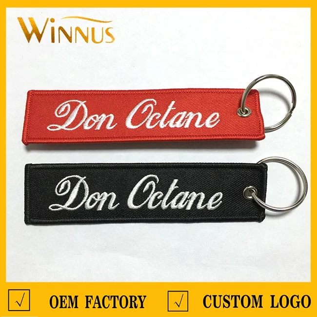 cheap promotion gift jeans bag embroidery logo key holder ring chain fabric tag custom embroidered keychain tag for clothing bag