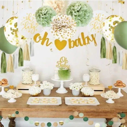New avocado pea green to bake with balloon paper flowers ball suit birthday party decoration oh baby flag tassel paper flowers