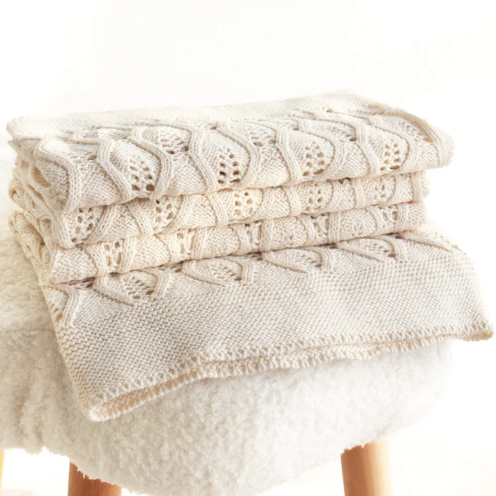 Reversible Crocheted Baby Knit Blanket Popular Breathable Vintage Swaddle Solid Color Holding Cotton Knitted Baby Blanket