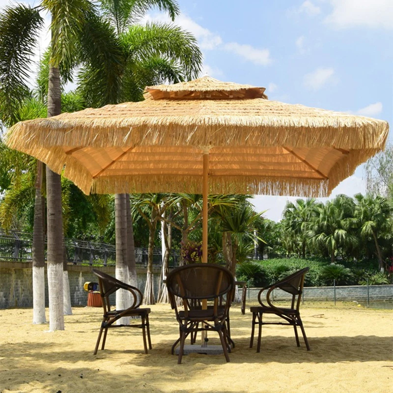 High Quality Backyard Beach Sun Protected Parasol Straw Double Top Thatch Wood Umbrella