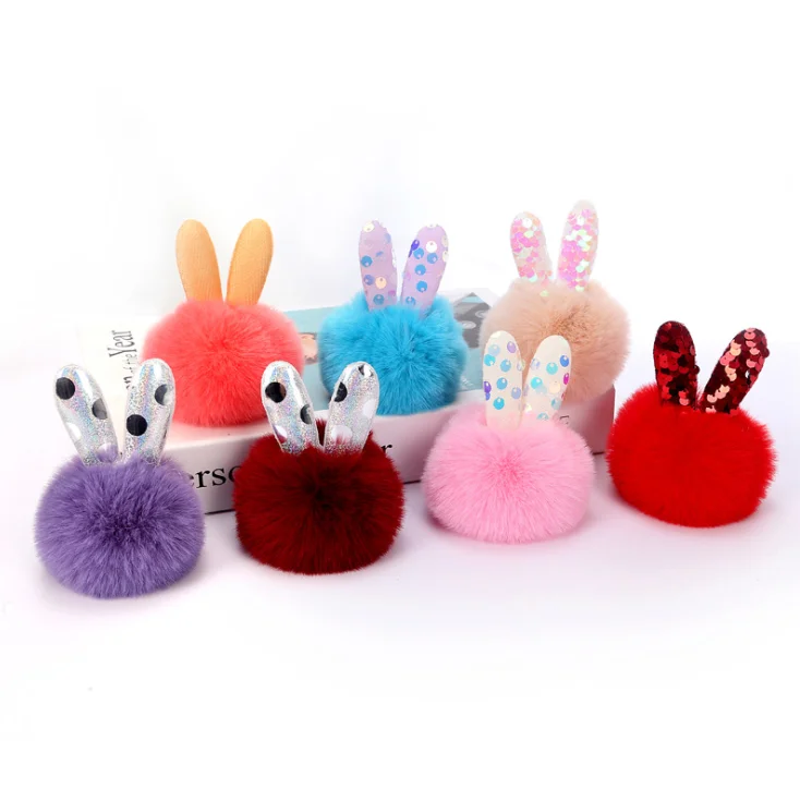 
Low Price Artificial Fur Puff Balls Fluffy Cute Rabbit Ear Keychains Accessories Charm Pendant Decoration Pom Pom Ball Keychain 