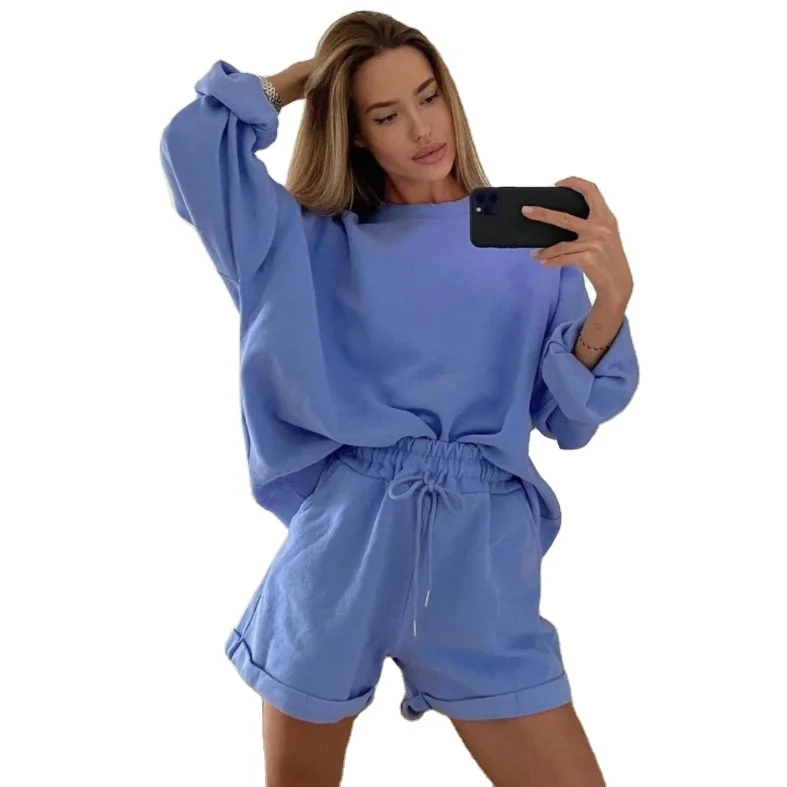 Женский комплект из двух предметов, толстый хлопковый свитер с длинным рукавом и шорты, весна-осень 2021