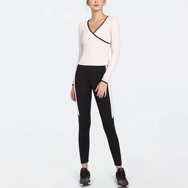 
Eco Friendly Women Sportswear V Neck Long Sleeve Fitness Shirt Gym Leggings Yoga Suit Sets 