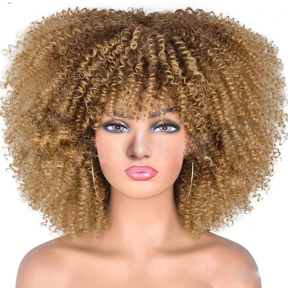 Synthetic Heat Resistant Fiber Short Curly Wine Red Wigs Jerry Curly Hair Wigs With Bangs Afro Kinky Curly Wigs For Black Women