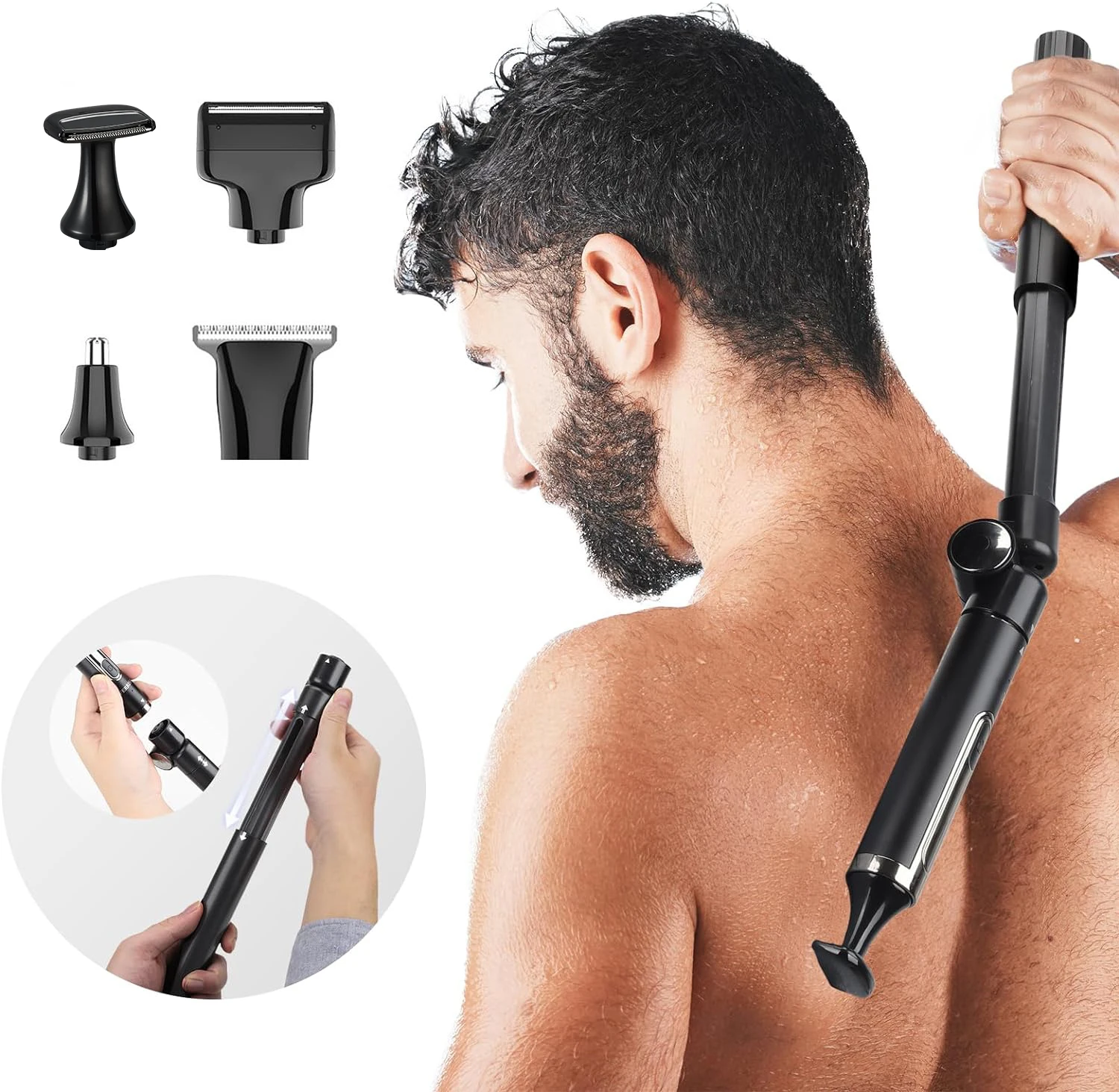 4-in-1 Body Groomer Kit Waterproof Electric Back Hair Shaver Hair Removal and Nose Trimmer with Extension Rod