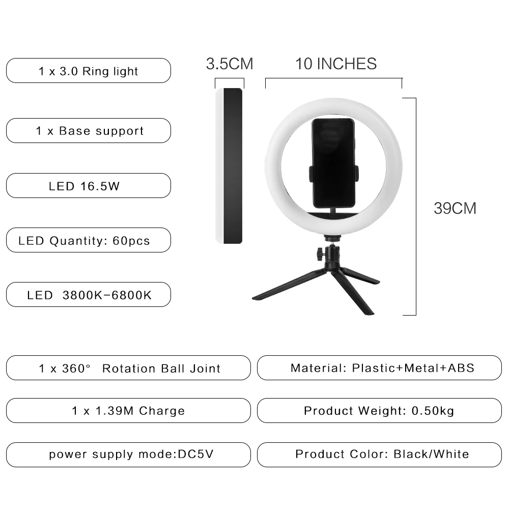 360 Degree Rotational Thermal Design 3800-6800K Multistage Dimming Ring Light With Retractable Height Tripod Stand For Live