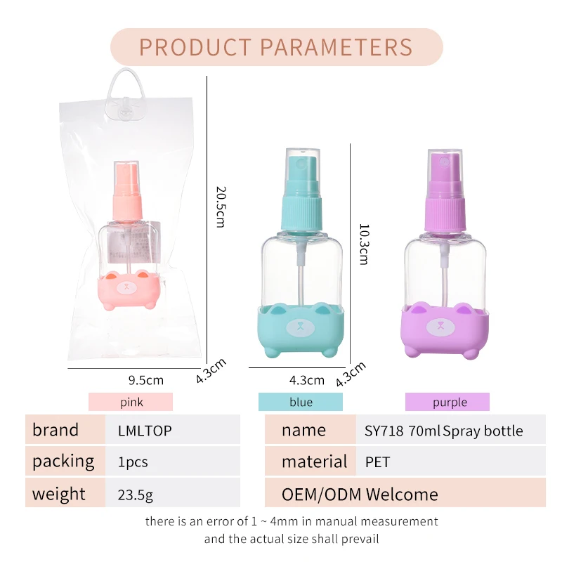 LMLTOP Hot Sale Cartoon 1pcs 70ml Empty Pocket Sized Refill Spray Bottles Empty Refillable Plastic Spray Clear Bottle SY718