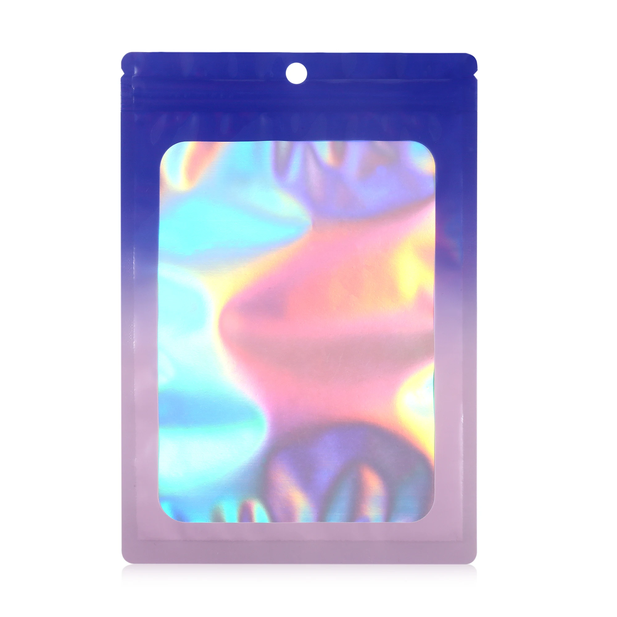 Stocked Resealable Laser Holographic Rainbow Smell Proof Aluminum Foil 3 Sides Seal Zipper Mylar Bag With Clear Window and Hole
