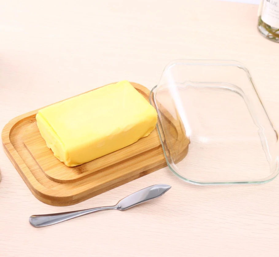 Customised logo large size high borosilicate clear glass cheese butter dish with bamboo cover lid