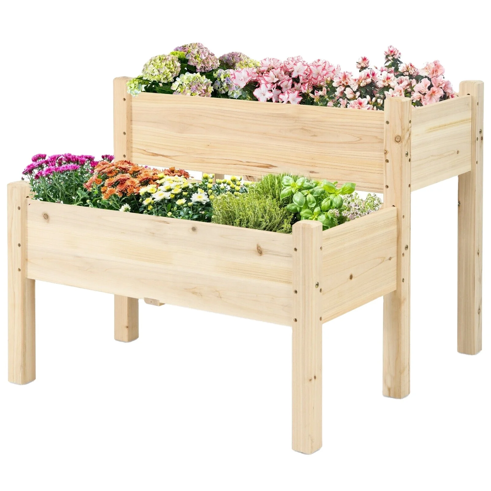 2-Tier Wooden Raised Garden Bed Elevated Planter Box with Legs Drain Holes