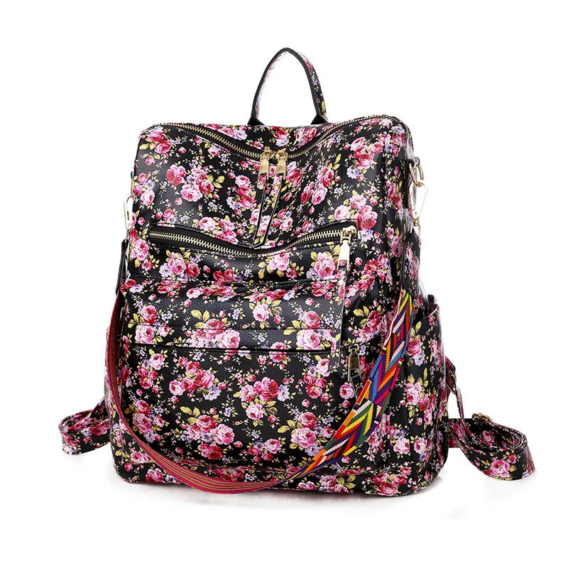 New Arrival Unisex PU Leather Leopard Printed Logo Shoulder School Bag Backpacks with Guitar Strap