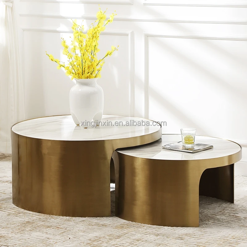Luxury Living Room Furniture  Gold Round Marble Table Tops Center Coffee Table